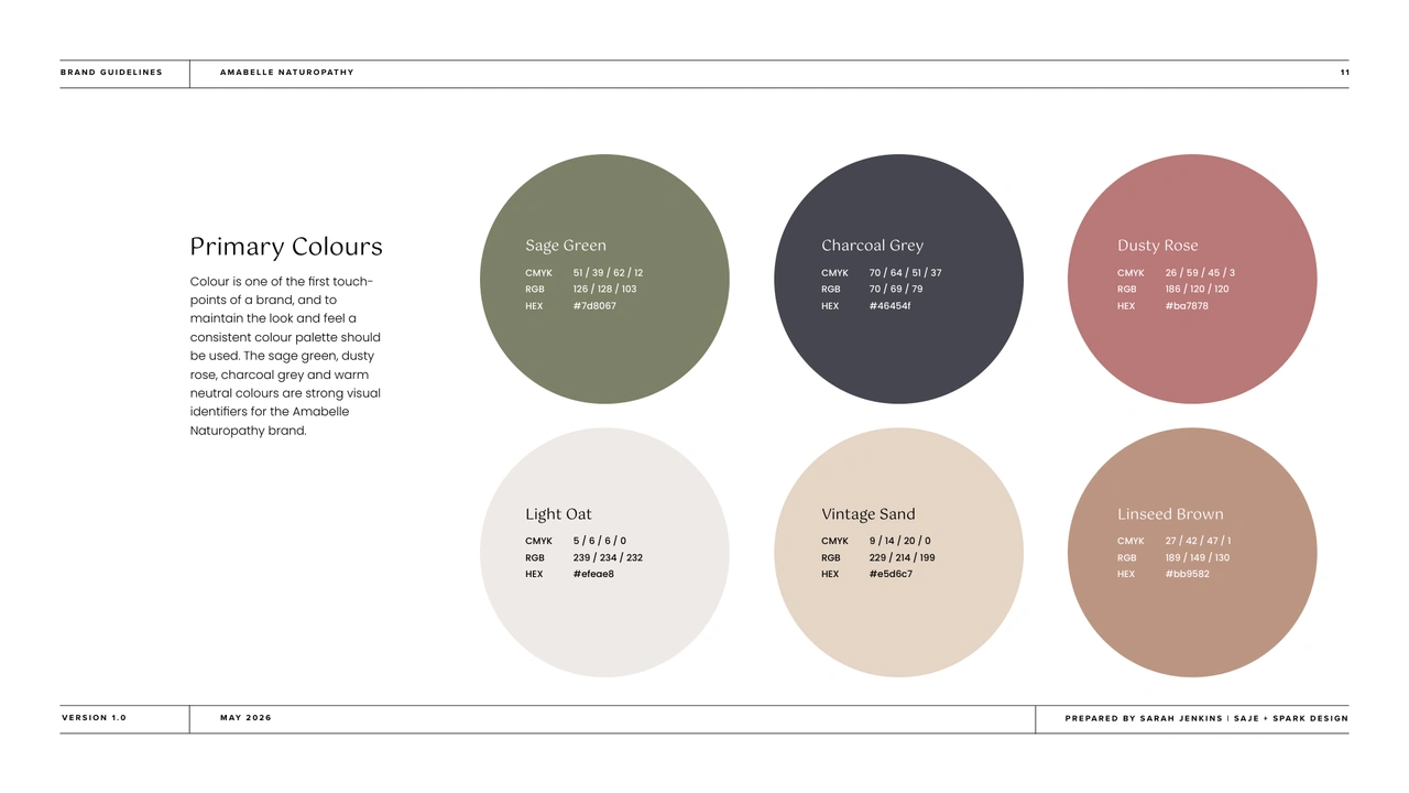 Amabelle brand guideline colour palette showing sage green, charcoal grey, dusty rose and warm neutral colours
