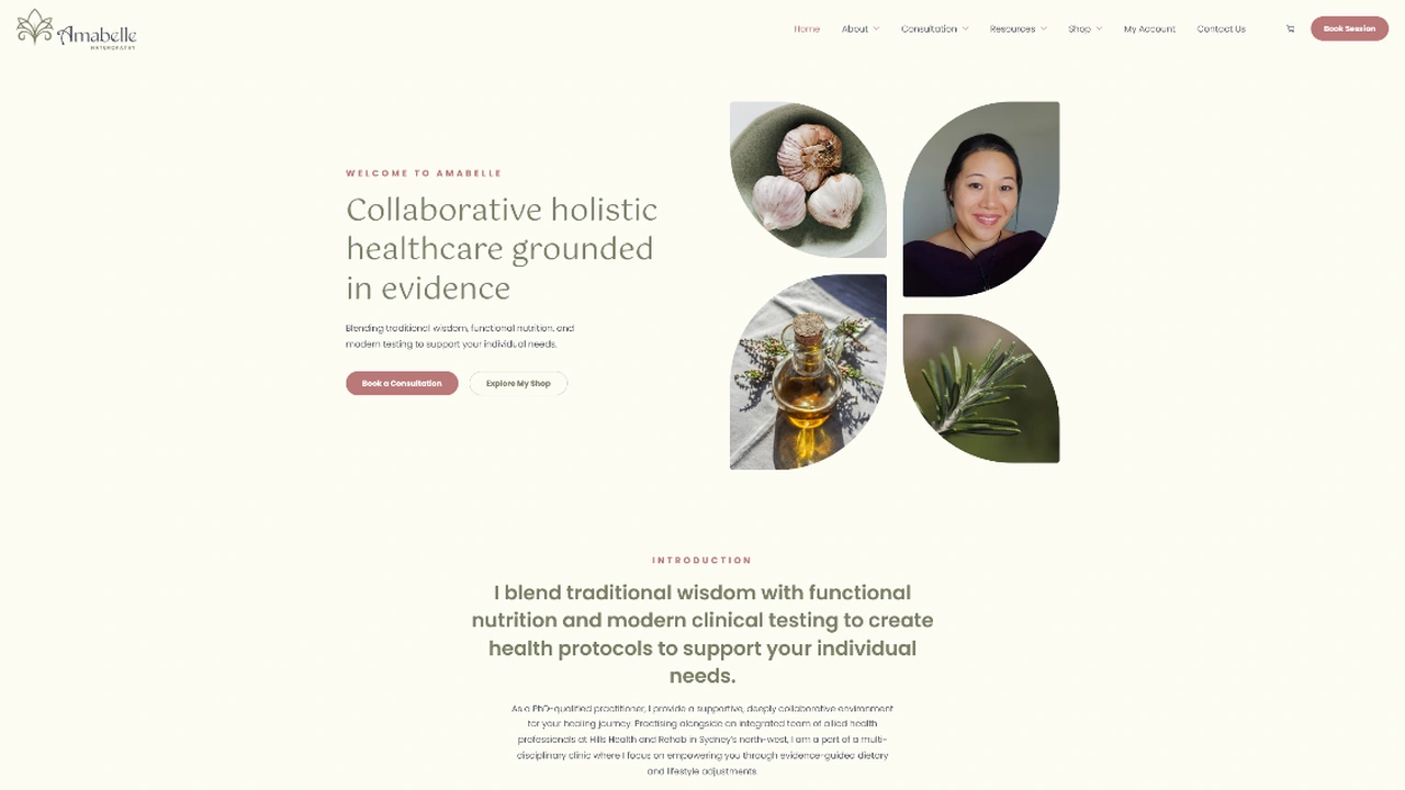 Amabelle Naturopathy homepage showing the navigation, introductory copy and botanical portrait layout