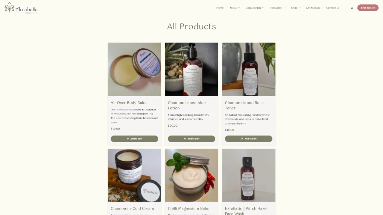Amabelle WooCommerce shop page showing the product catalogue and add-to-cart interface