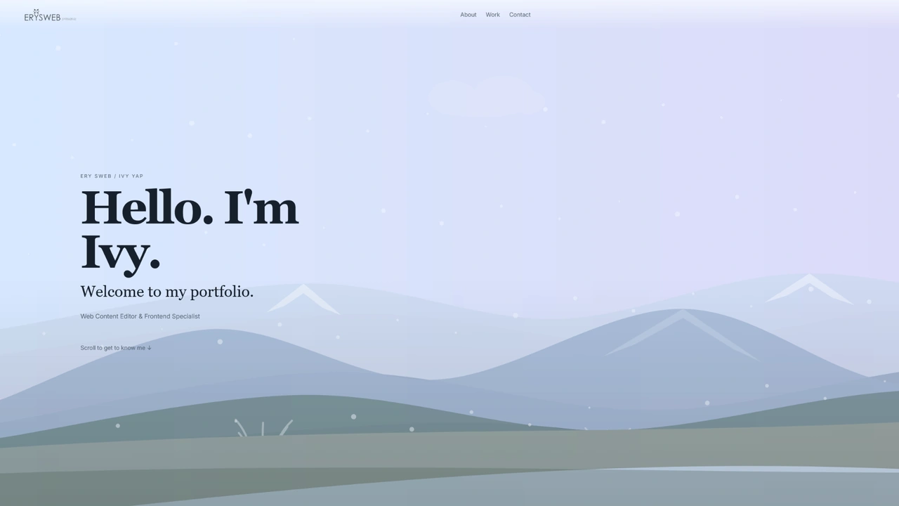 Early light-coloured Erysweb portfolio direction with serif typography and simpler landscape treatment
