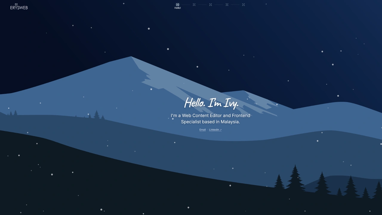 Current Erysweb portfolio opening scene in its refined dark winter landscape design