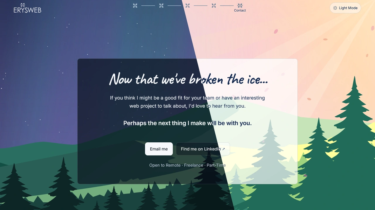 Diagonal comparison of the Erysweb spring contact scene with dark mode on the left and light mode on the right
